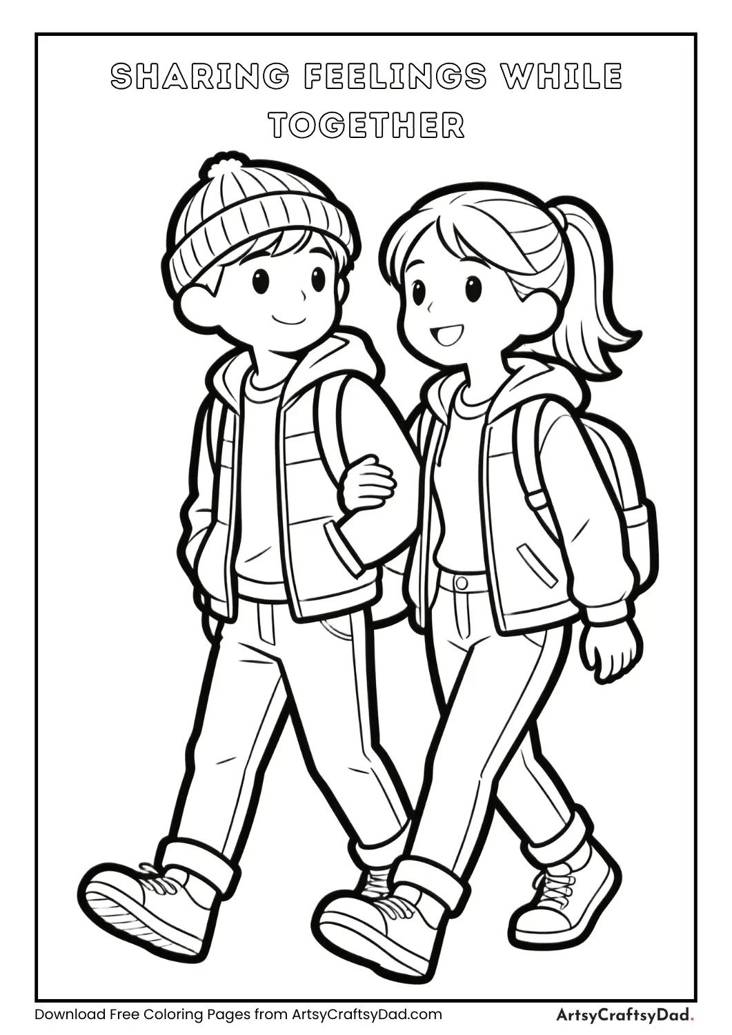 Two children walking and sharing feelings coloring page