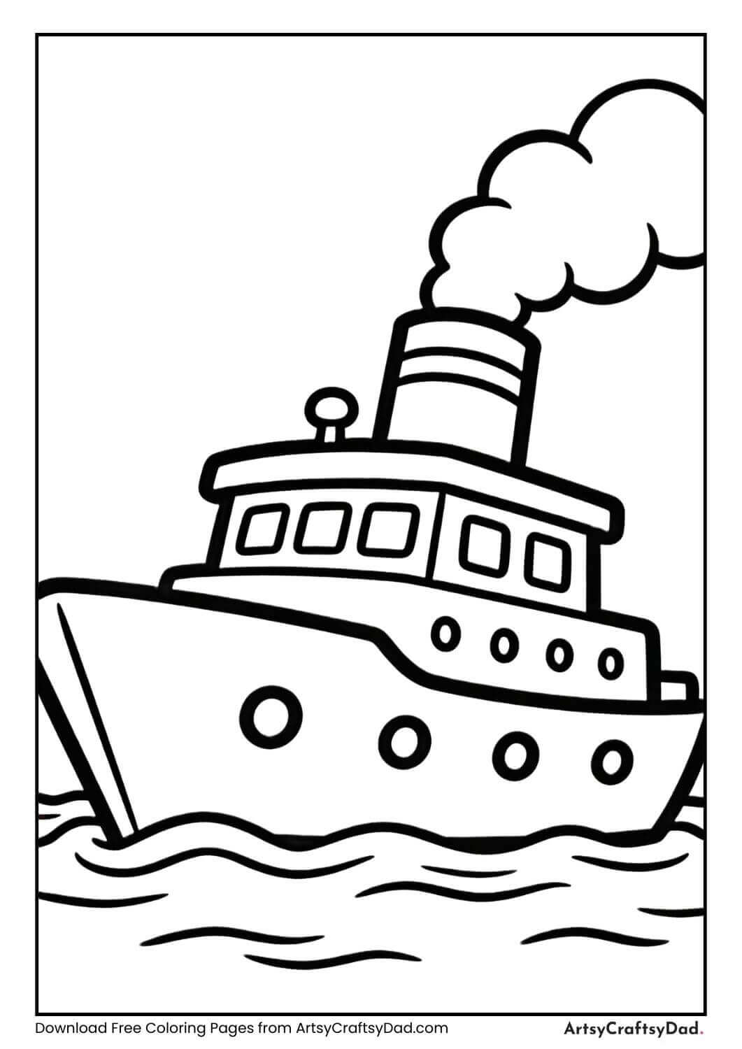 Ship with chimney smoke black and white coloring page