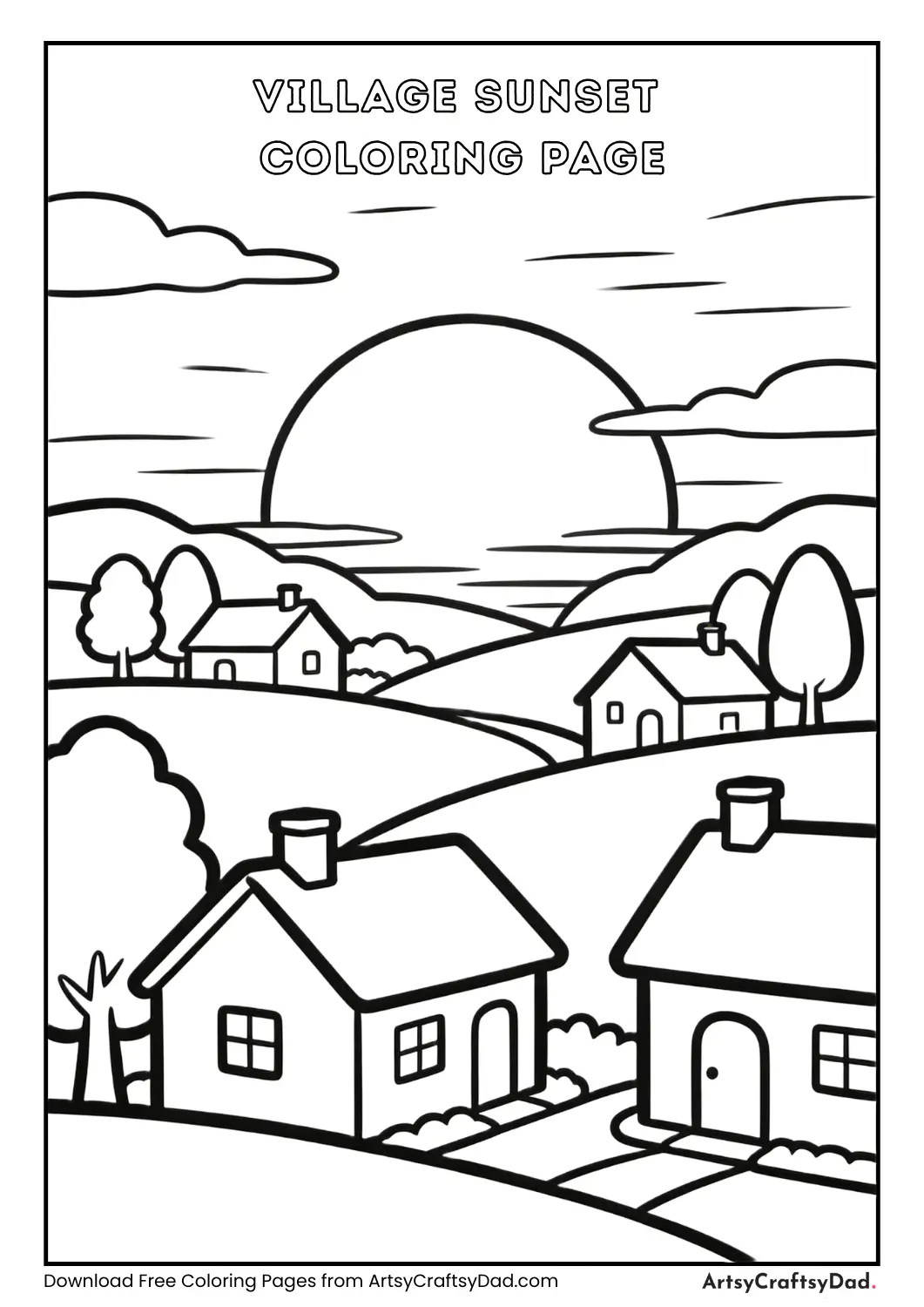 Village sunset black and white coloring page