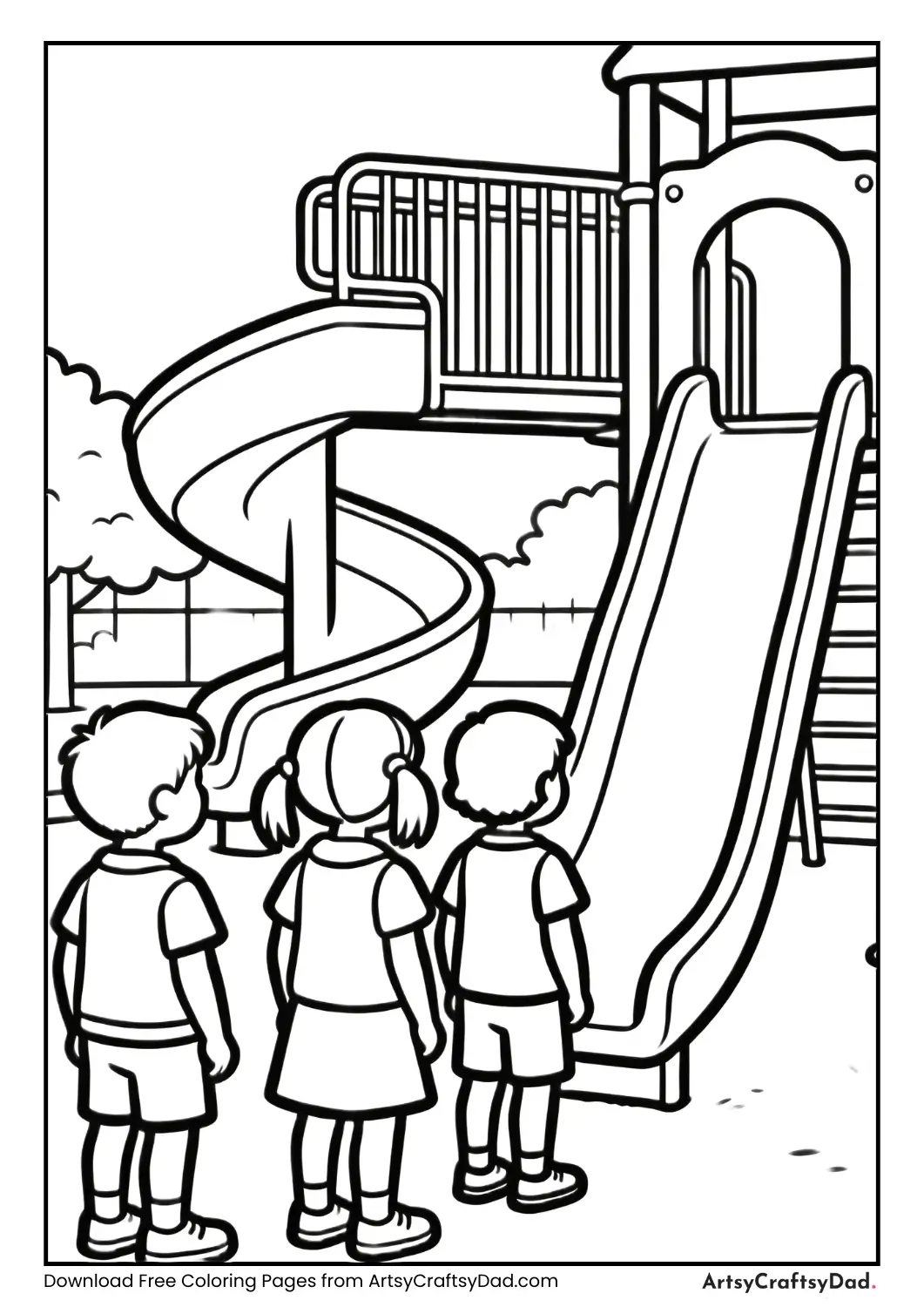 Kids waiting for slide playground coloring page