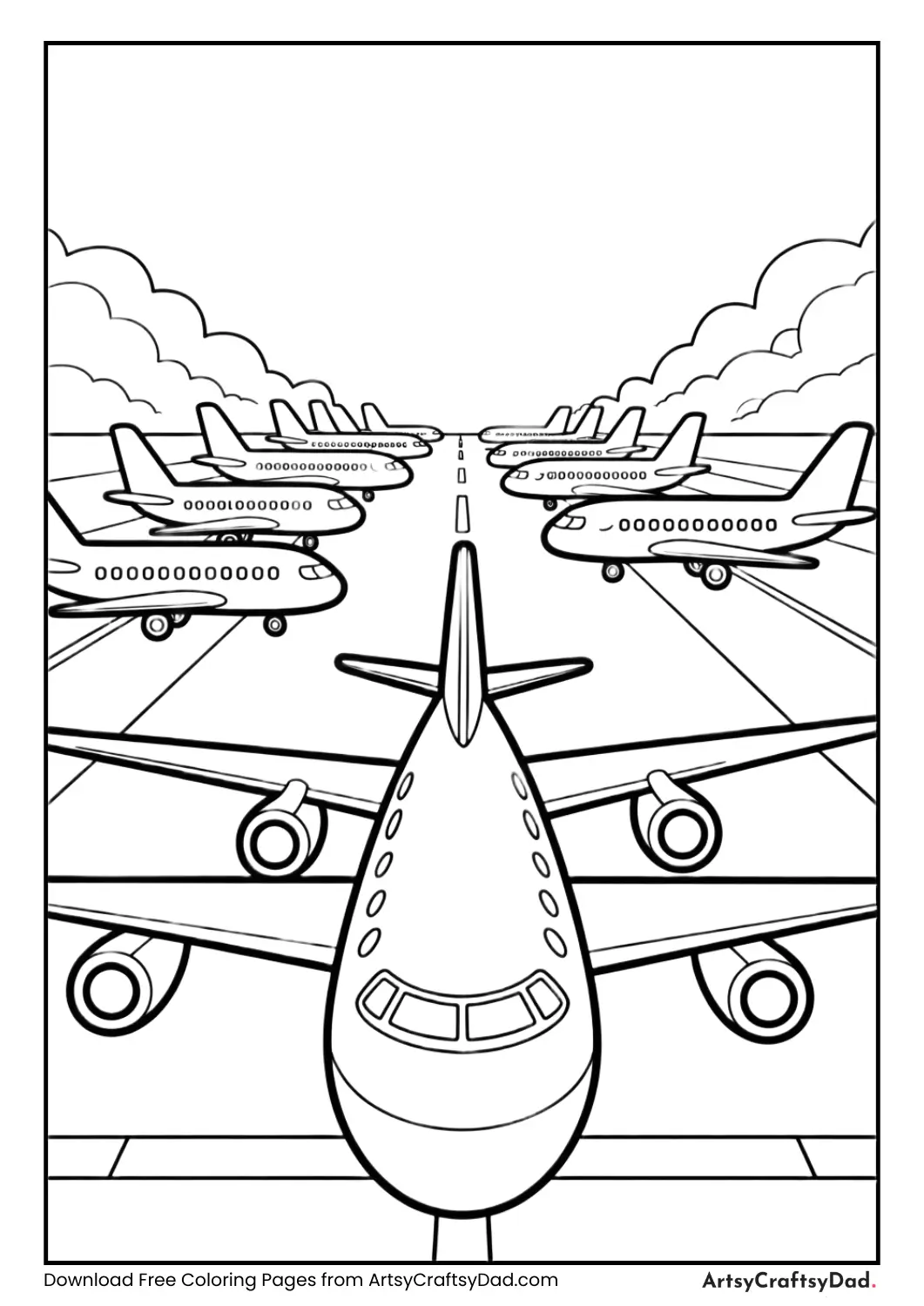 Multiple airplanes lined on runway coloring page