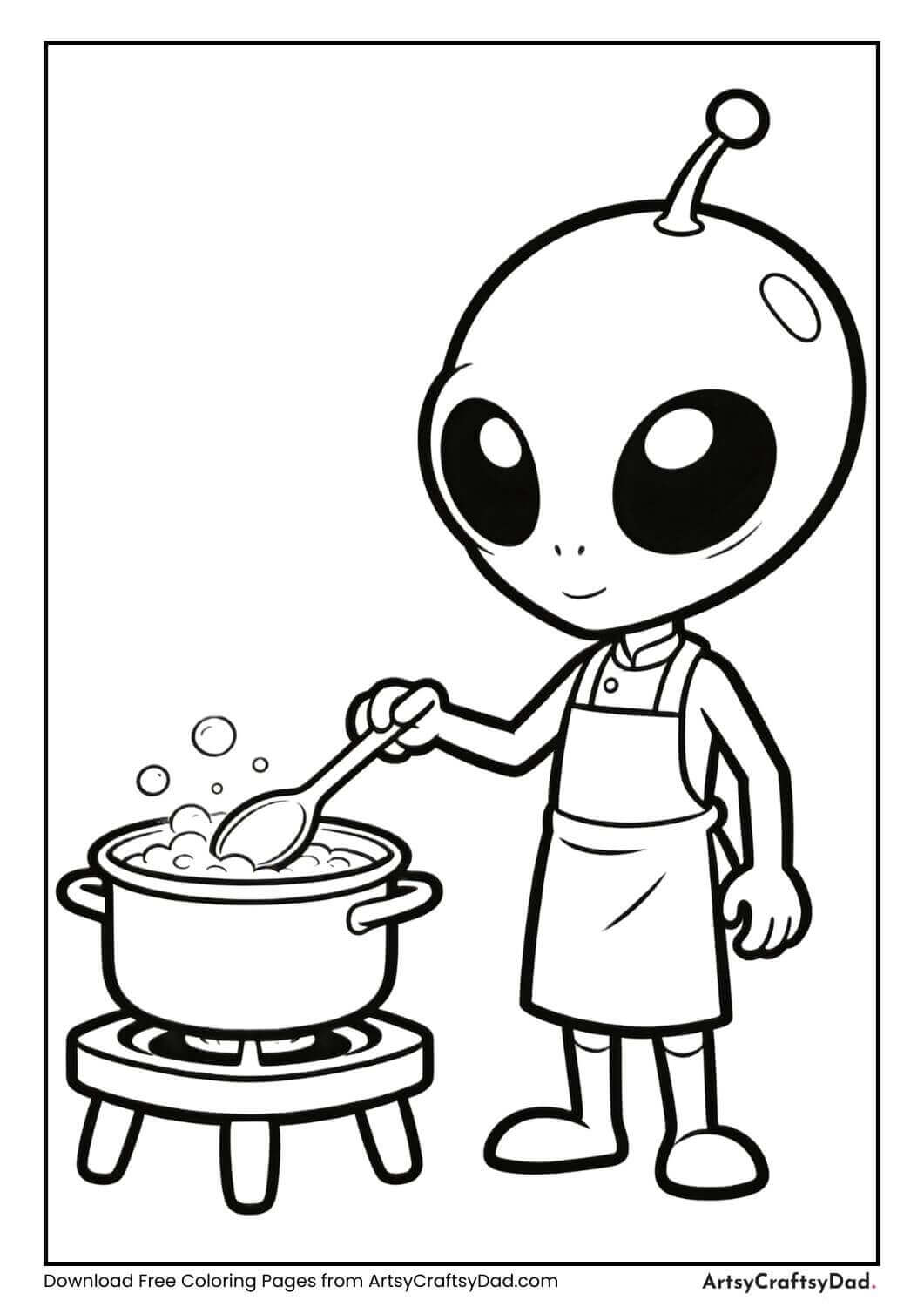 Alien cooking alien food on a stove