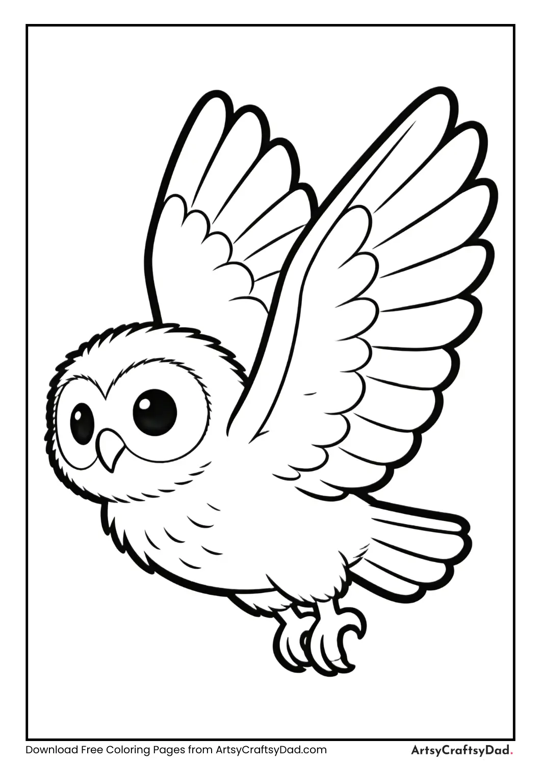 Baby owl learning to fly black and white coloring pageAn inspiring owl coloring page that shows growth and learning. 