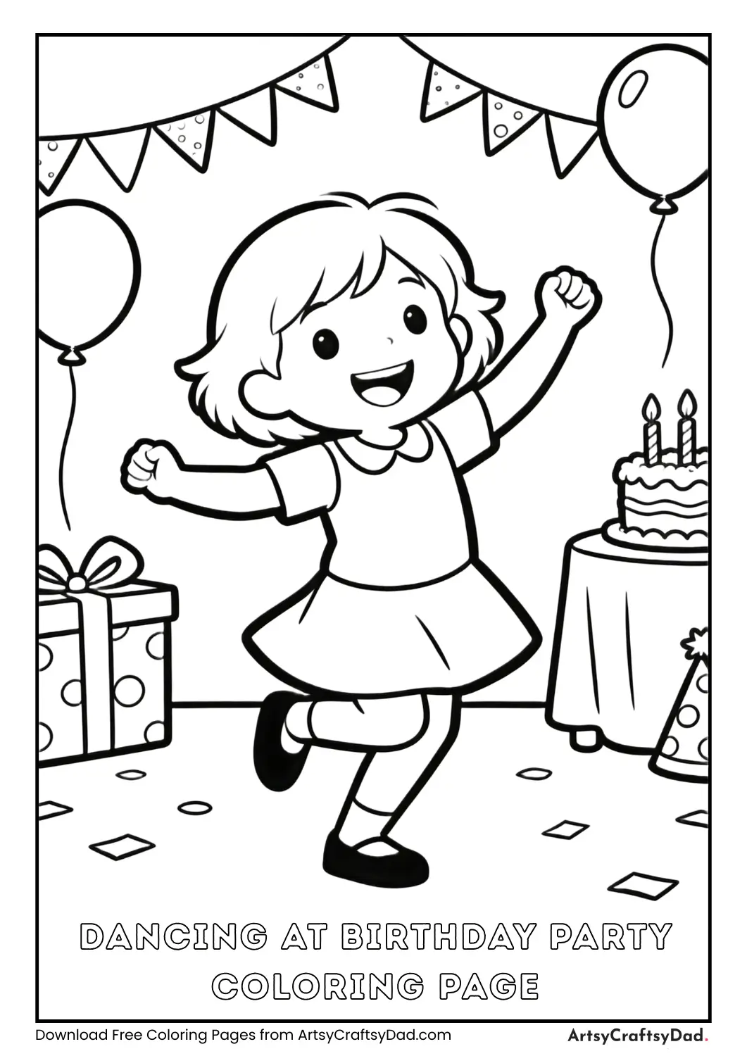 Child dancing at birthday party coloring page