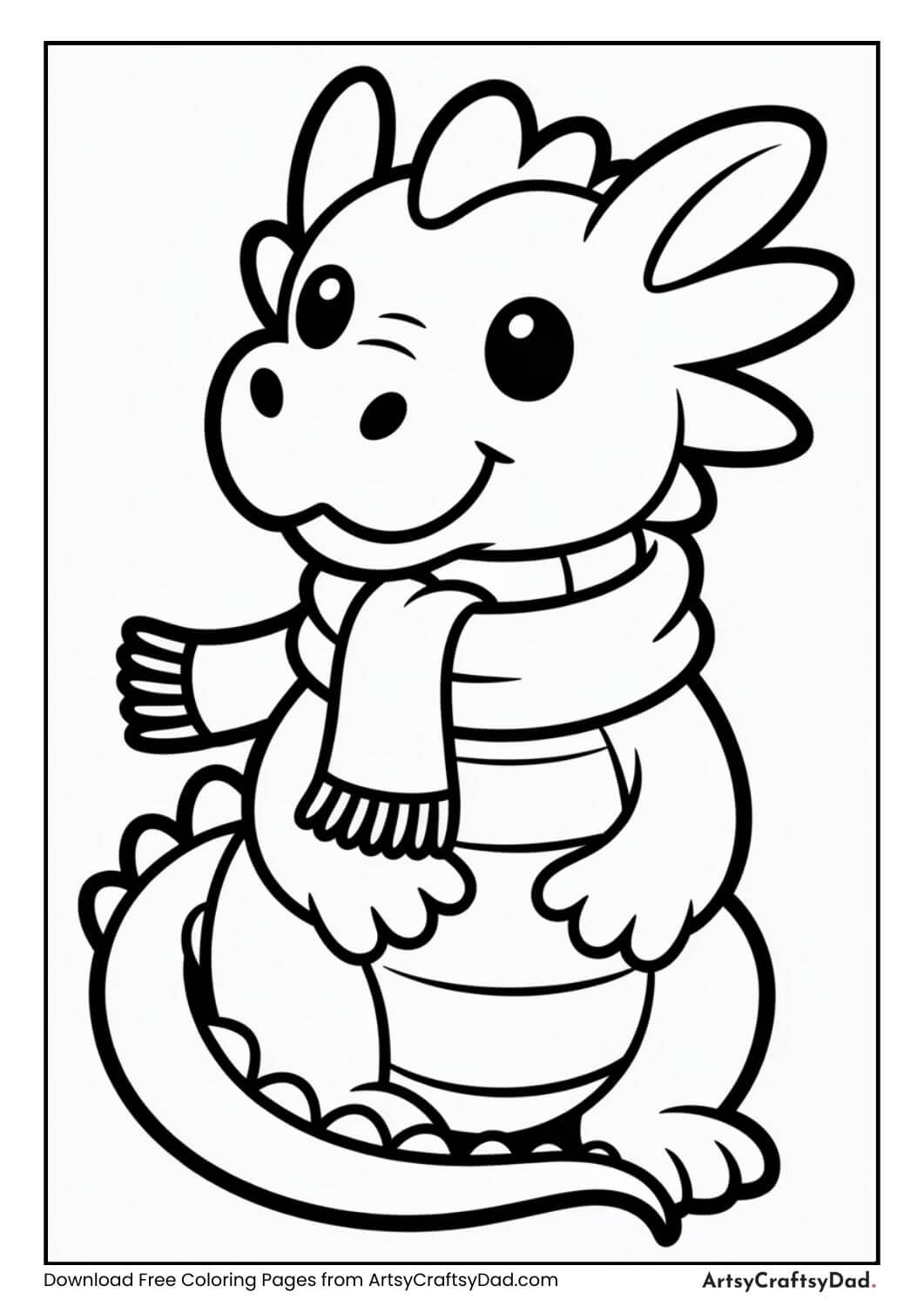 Dragon wearing scarf black and white coloring page