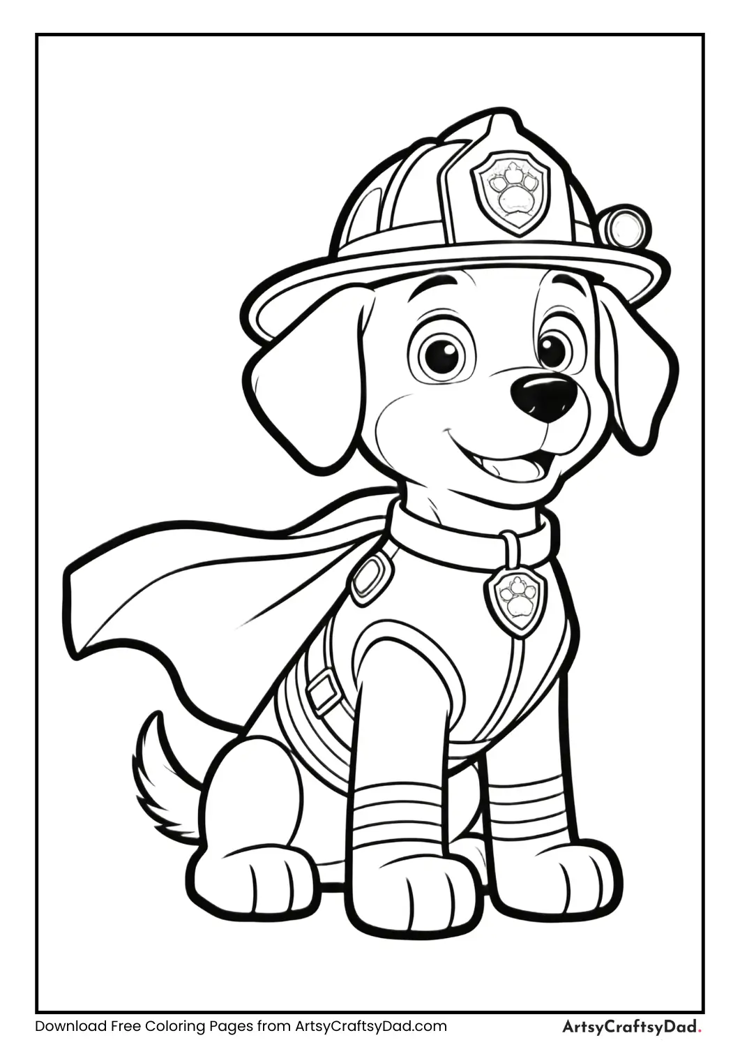 Firefighter dog mascot wearing helmet and cape.