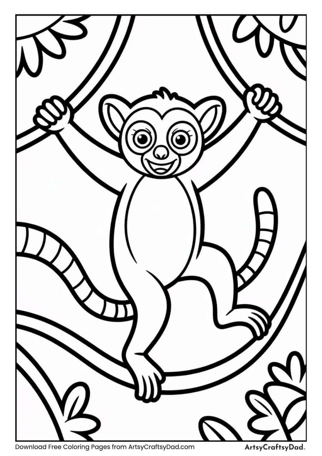 Playful lemur jumping between jungle vines coloring page.