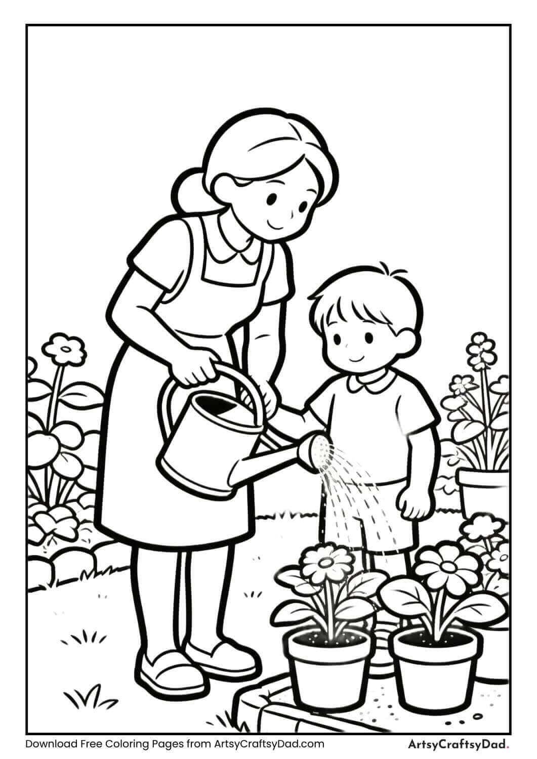 Mother and child watering plants in garden