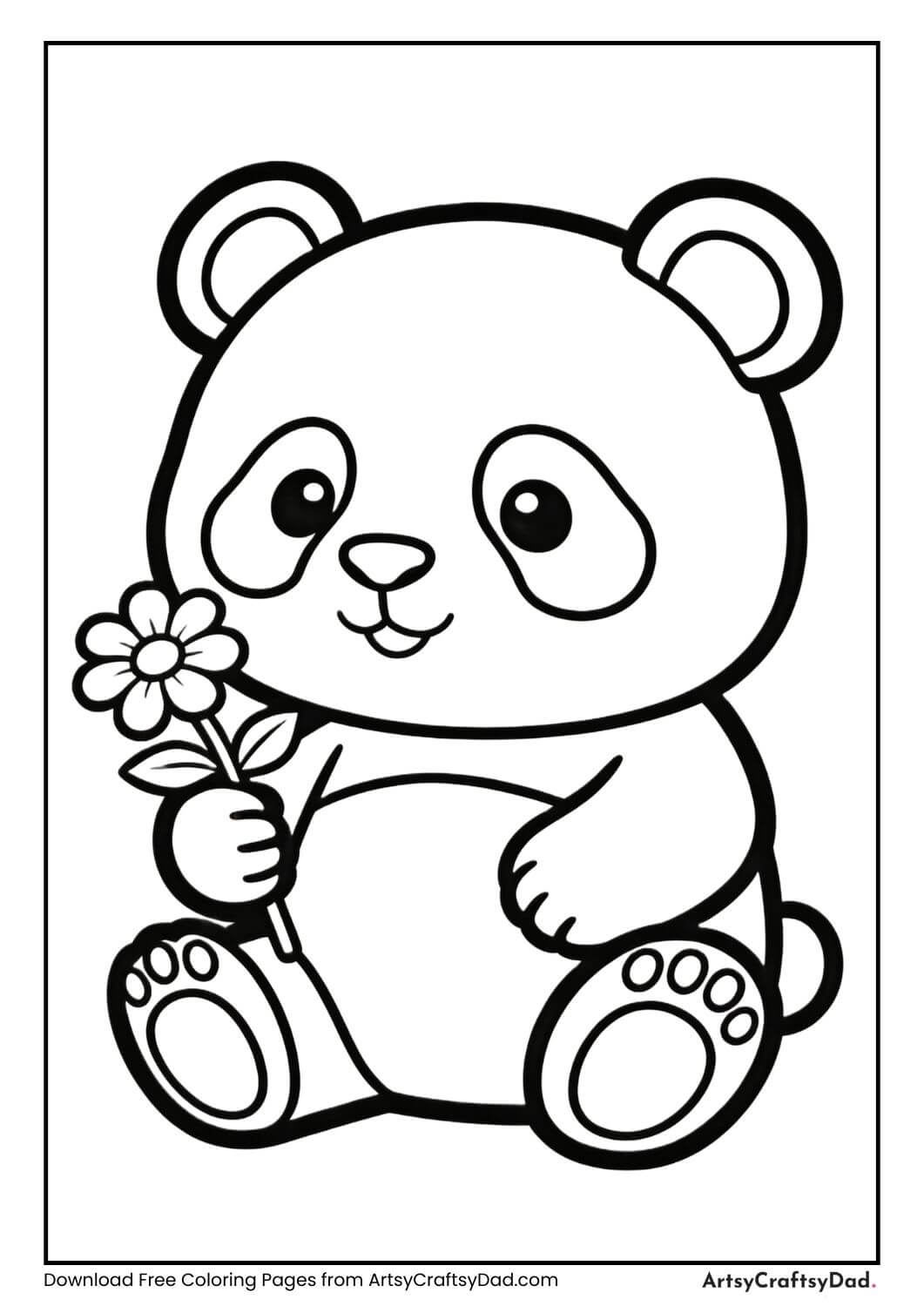 Panda holding flower coloring page
