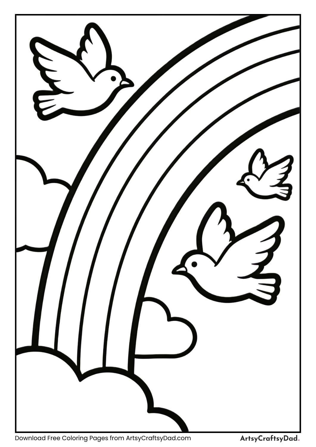 Rainbow with birds black and white coloring page
