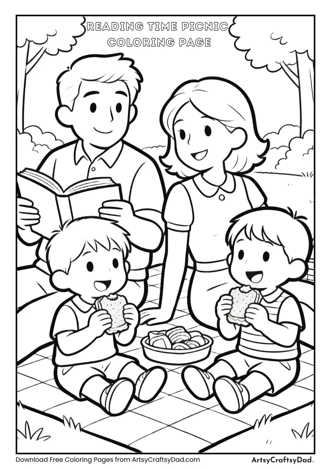 Parents reading while kids eat at picnic