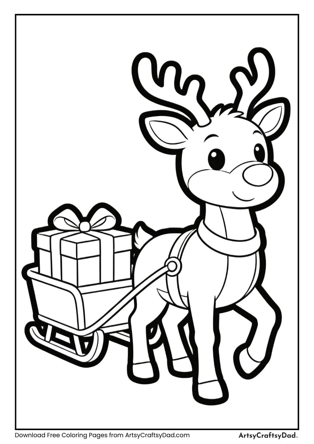 Reindeer pulling gift box coloring page