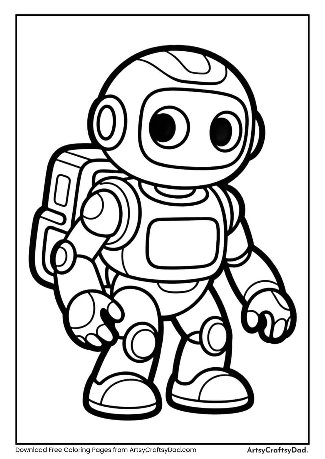 Robot wearing a backpack, smiling and standing