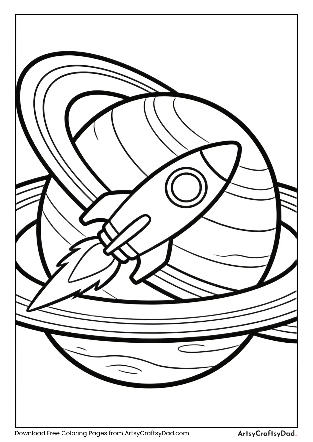 Rocket flying near Saturn coloring page