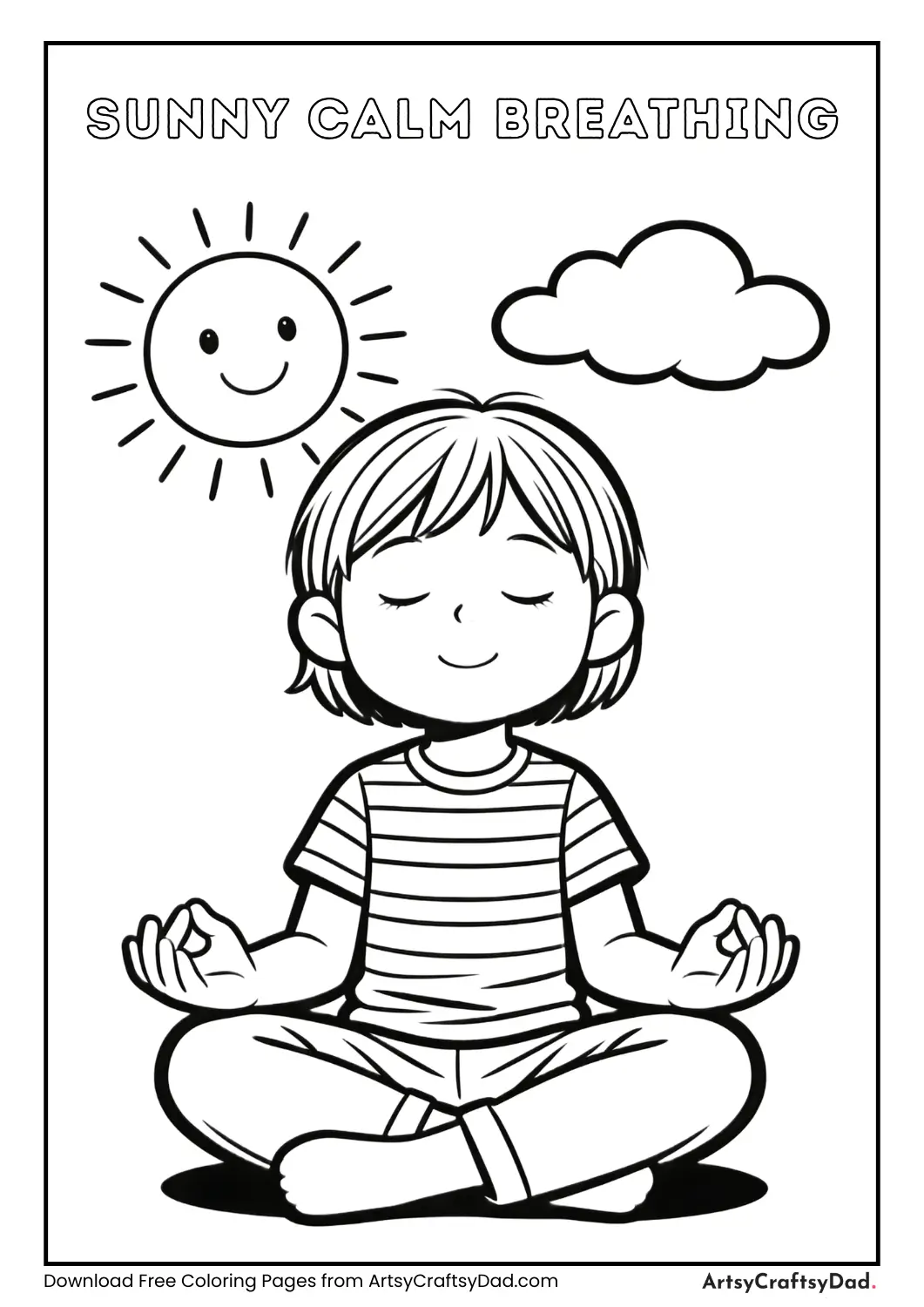 Child calm breathing with sun and clouds coloring page