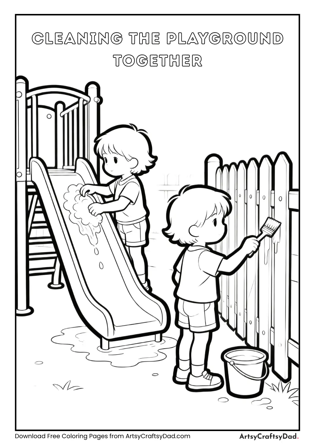 Children cleaning a playground as a team.