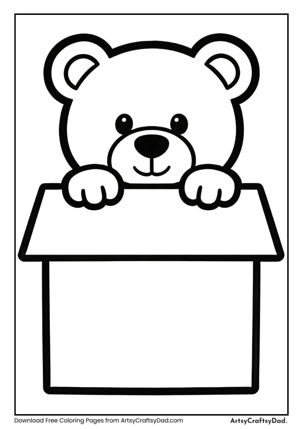 Teddy bear peeking from behind box coloring page