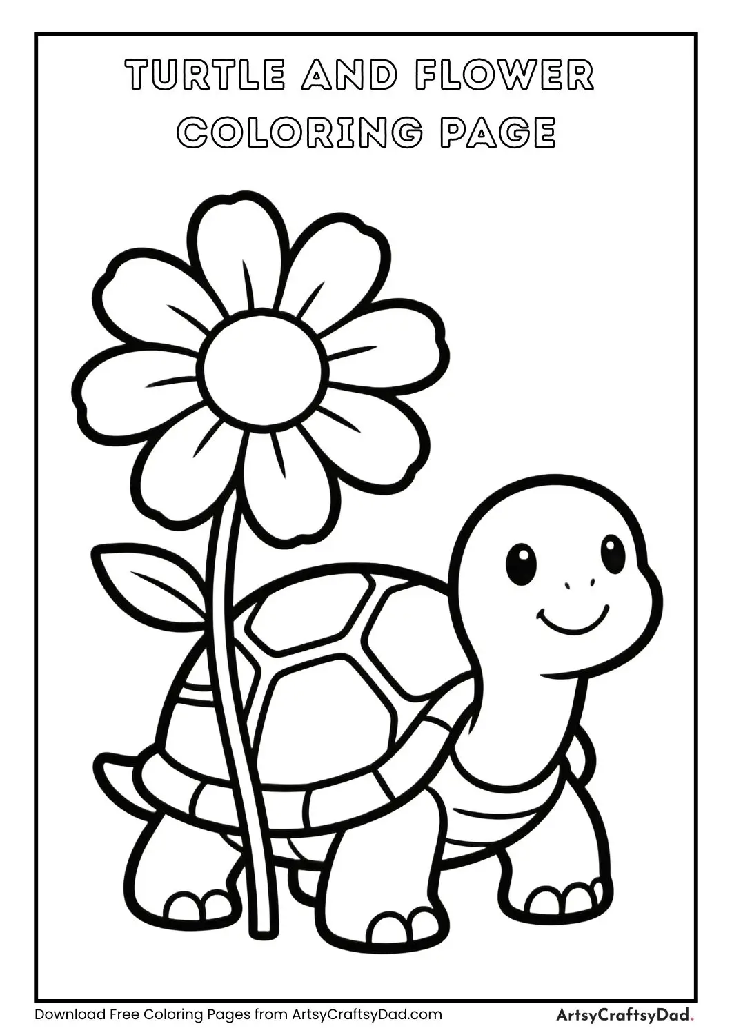 Turtle with flower black and white coloring page