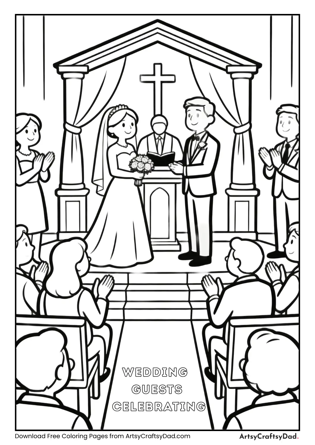Wedding ceremony with guests clapping coloring page