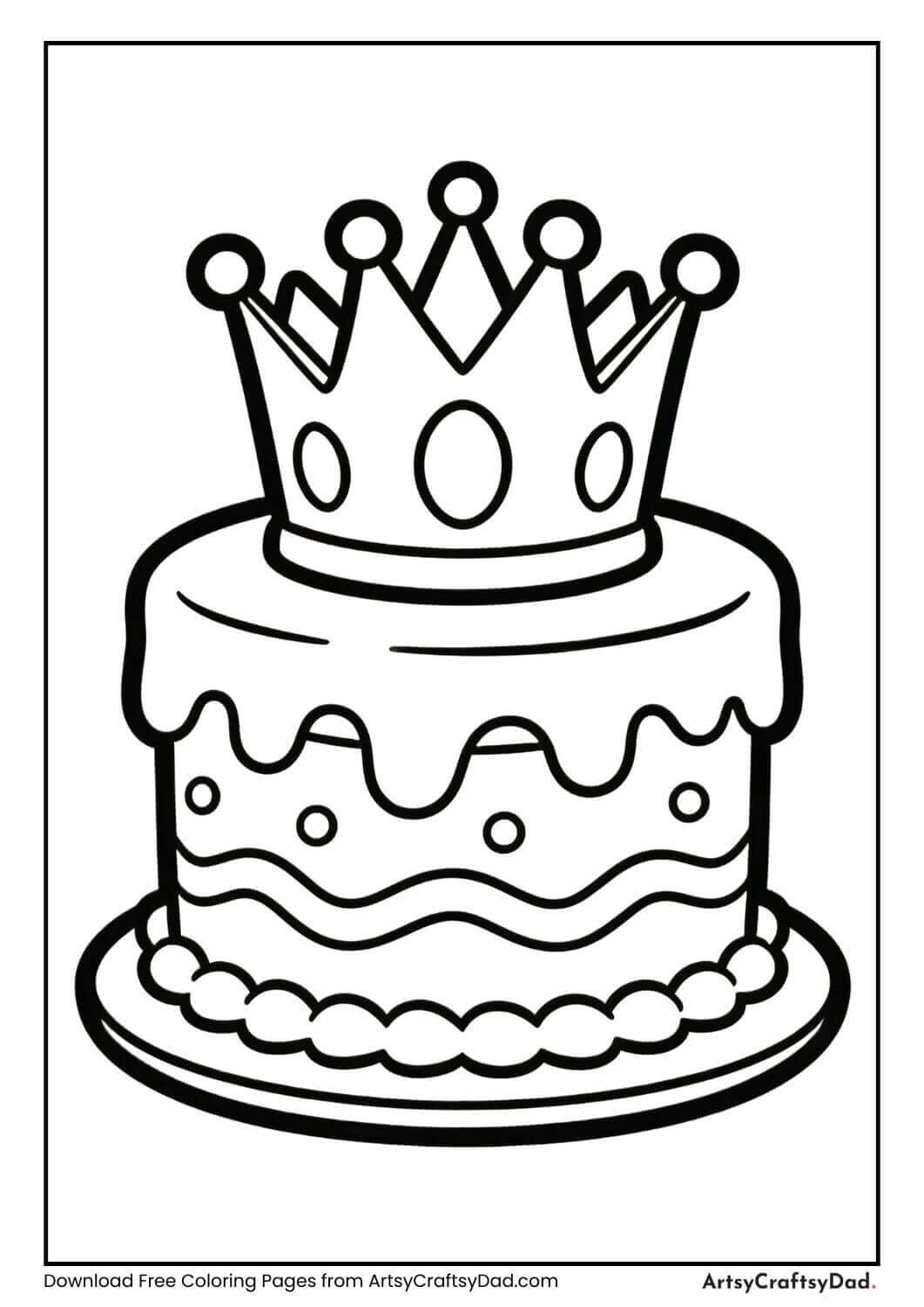 Birthday cake with crown black and white coloring page