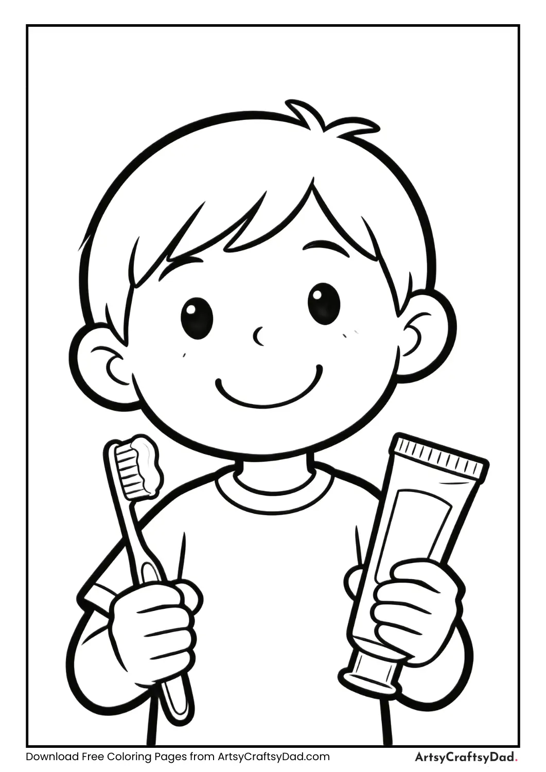 Child brushing teeth with timer nearby, black and white coloring page.