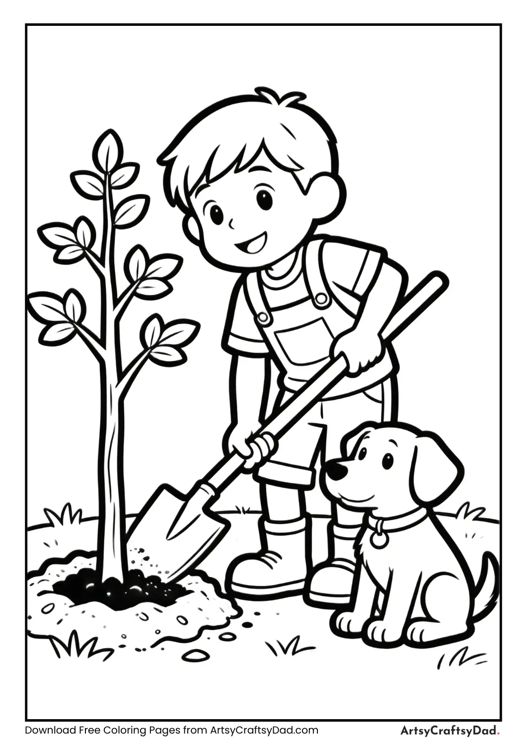Child planting a tree with a dog sitting nearby