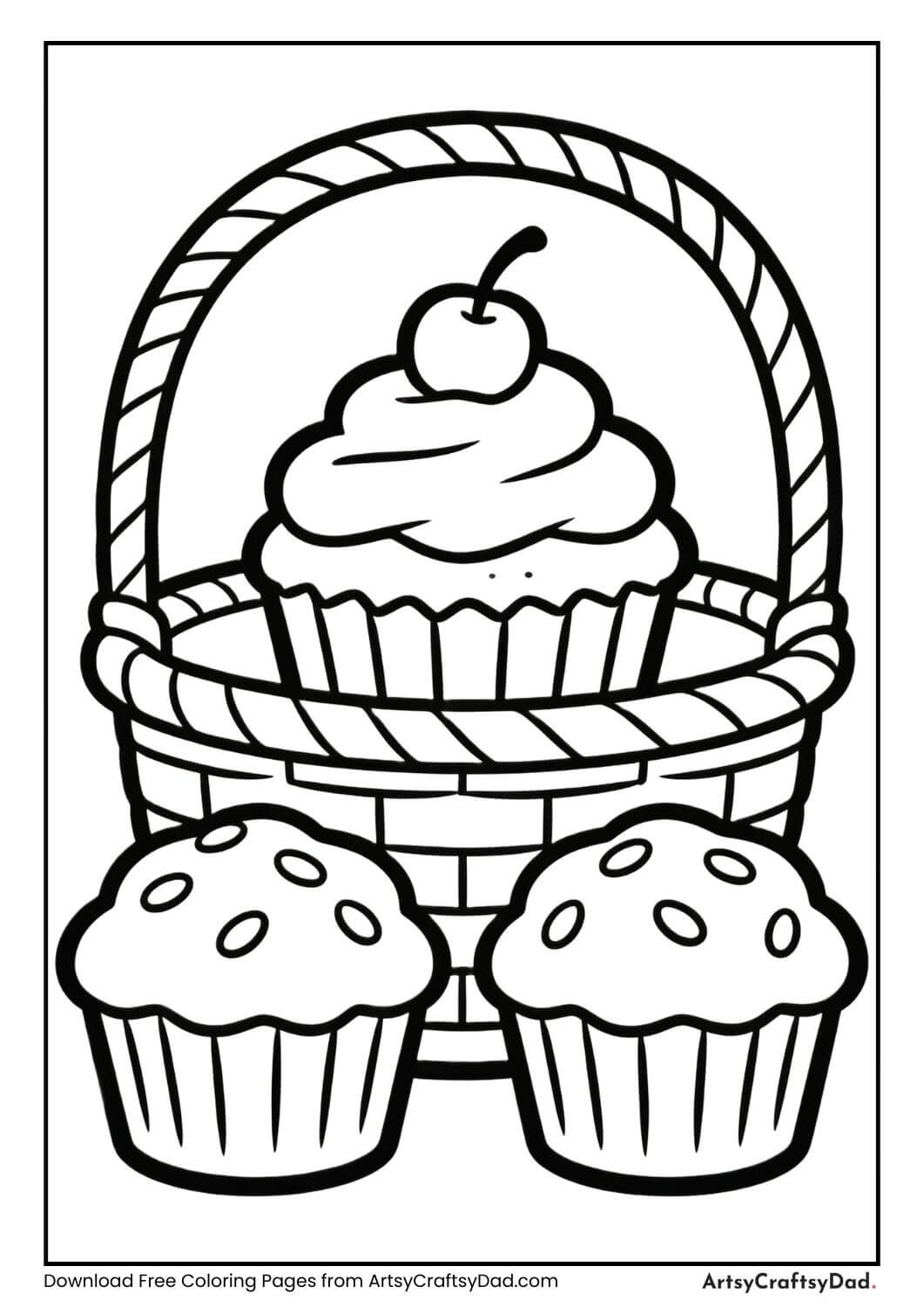 Cupcake in basket with two cupcakes black and white coloring page