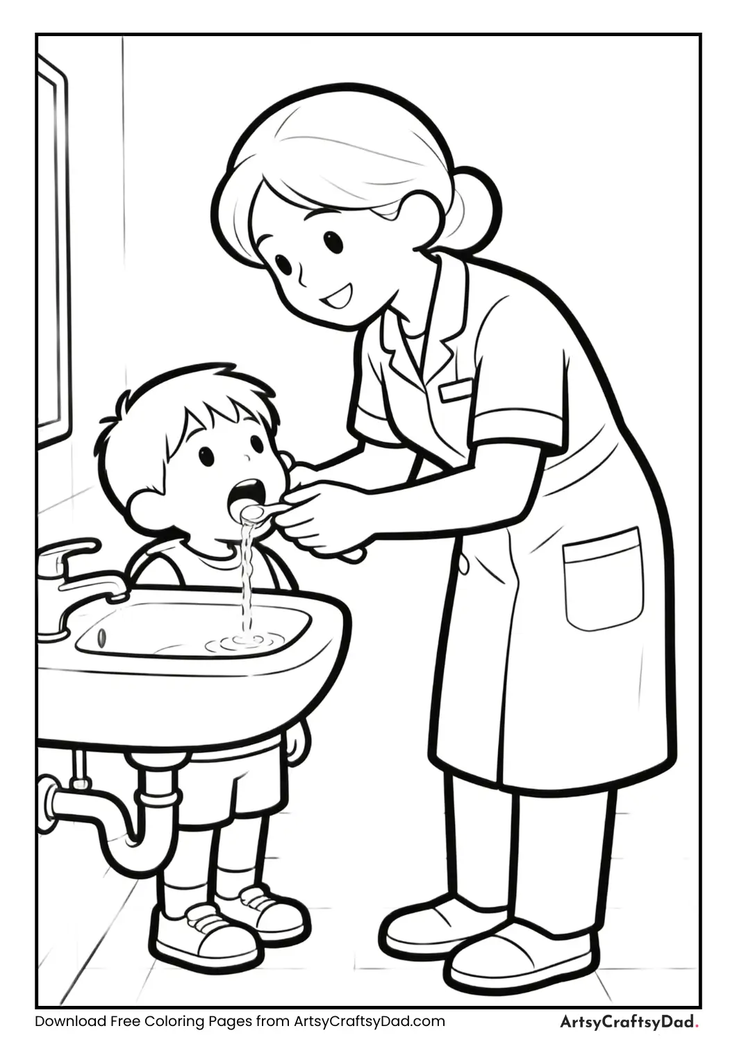 Dental assistant helping child rinse mouth