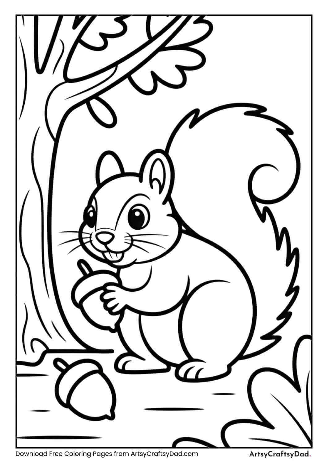 A squirrel gathering acorns near a tree in fall.