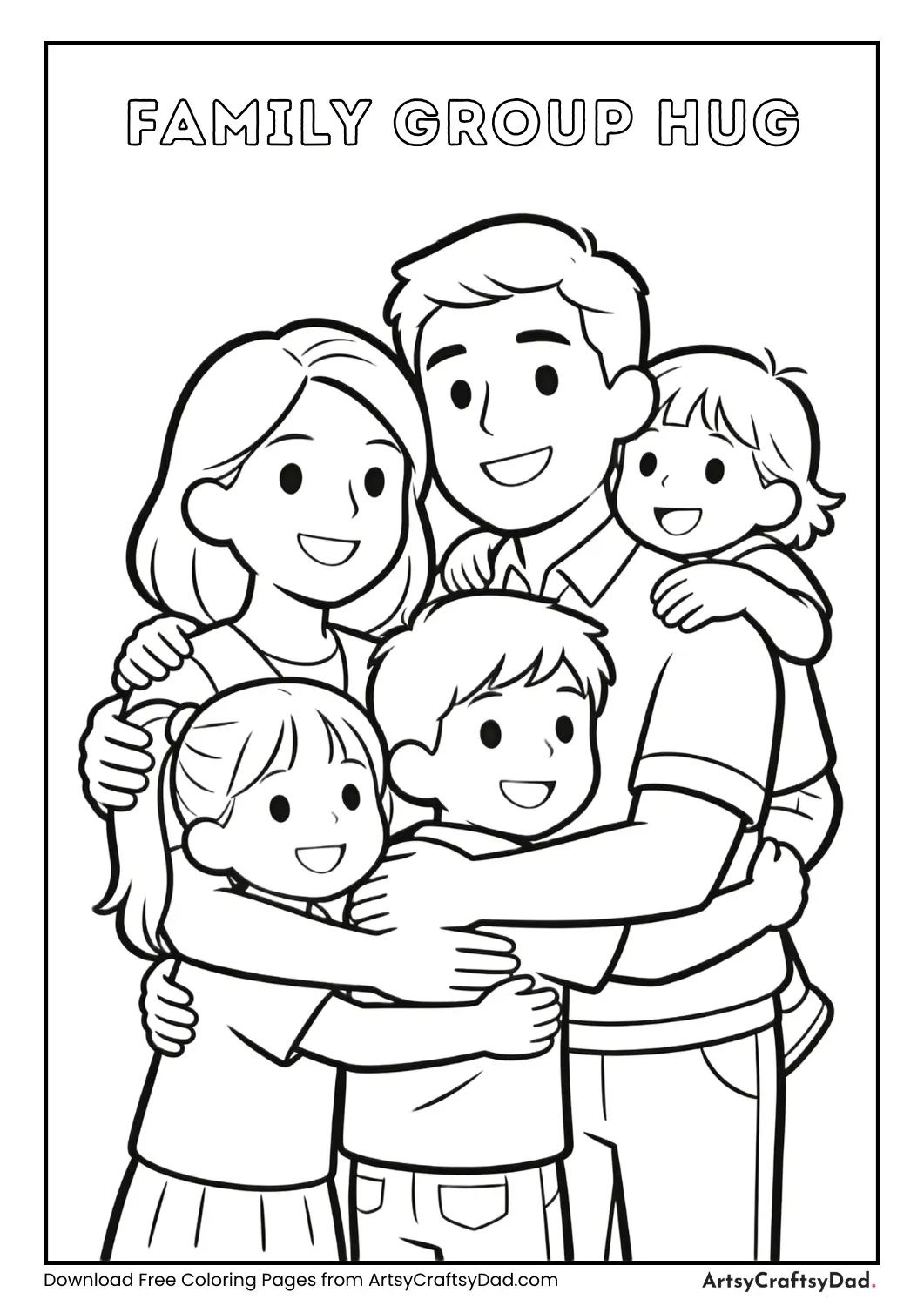 Black and white coloring page of family hugging