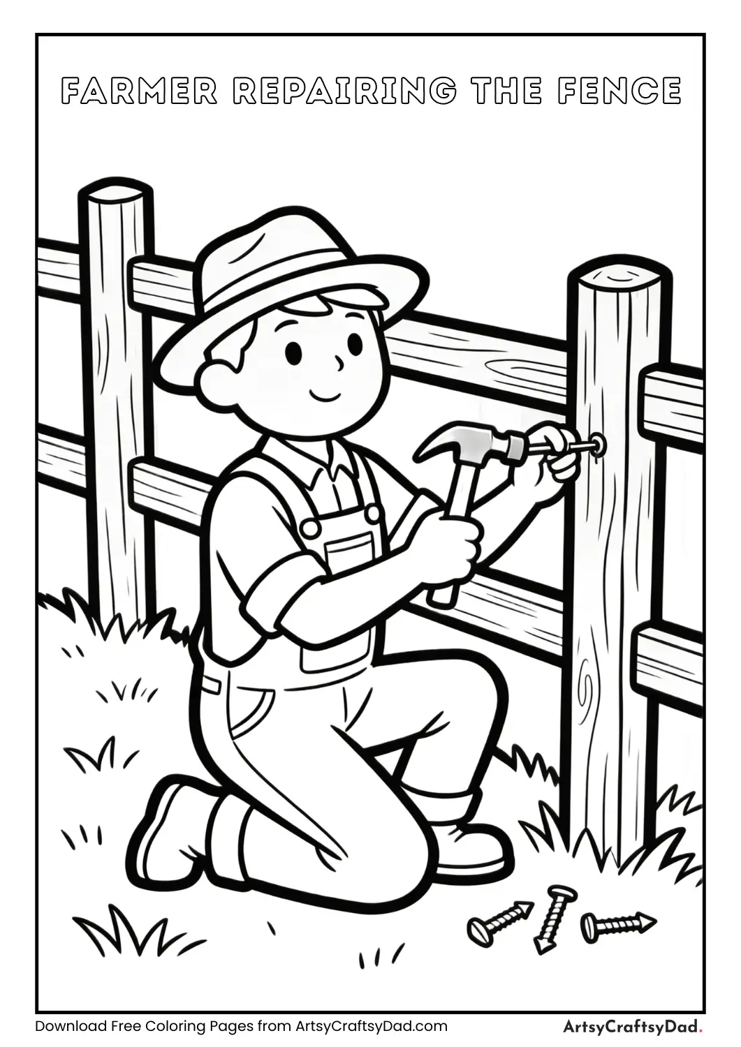 Farmer repairing fence on farm coloring page