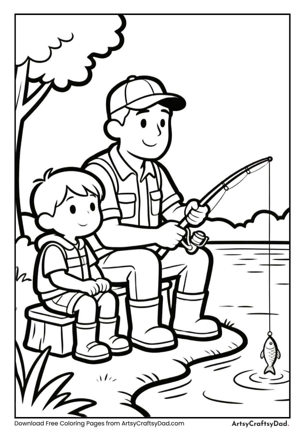 Father and child fishing by lake