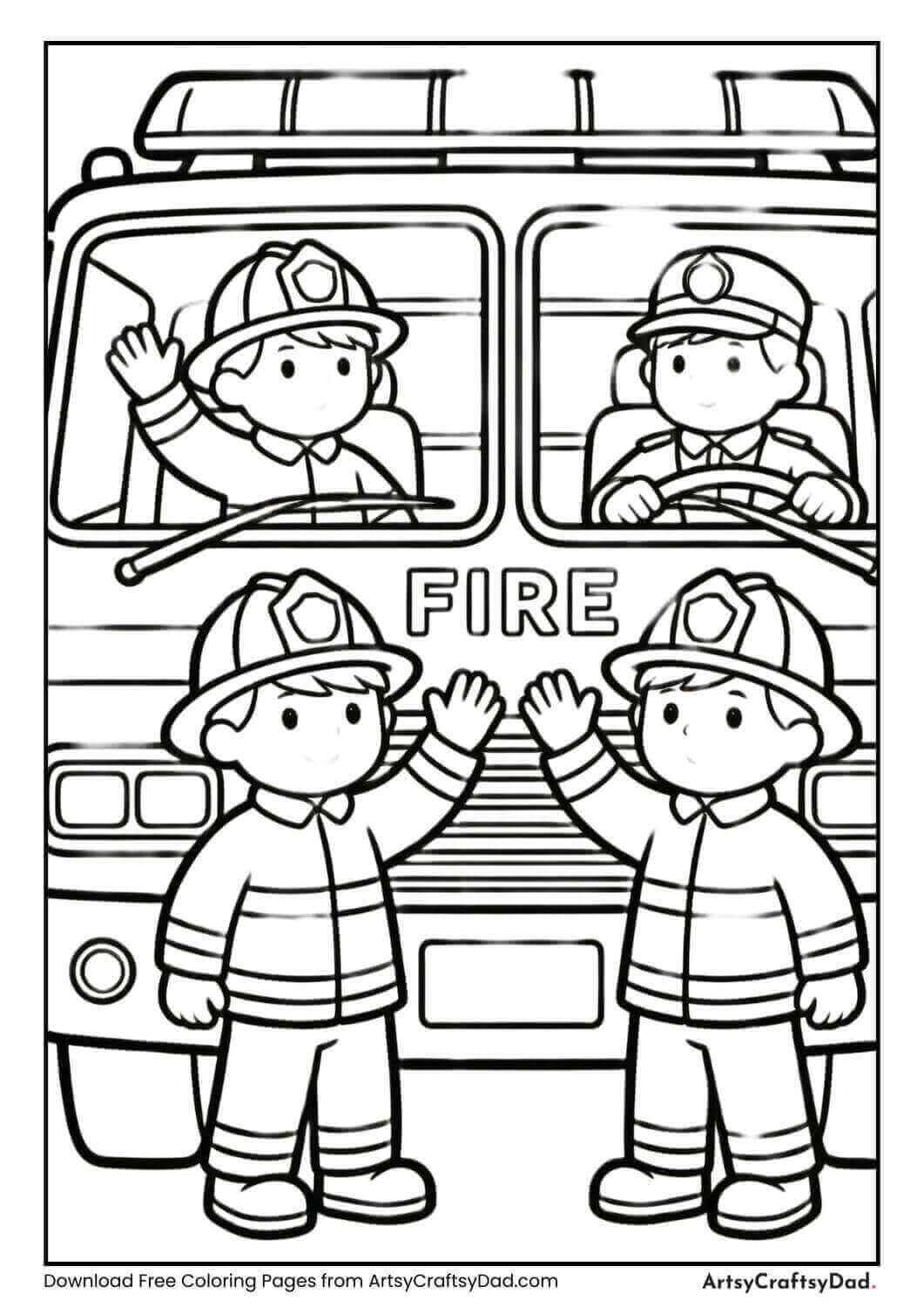 Fire truck with waving firefighters coloring page