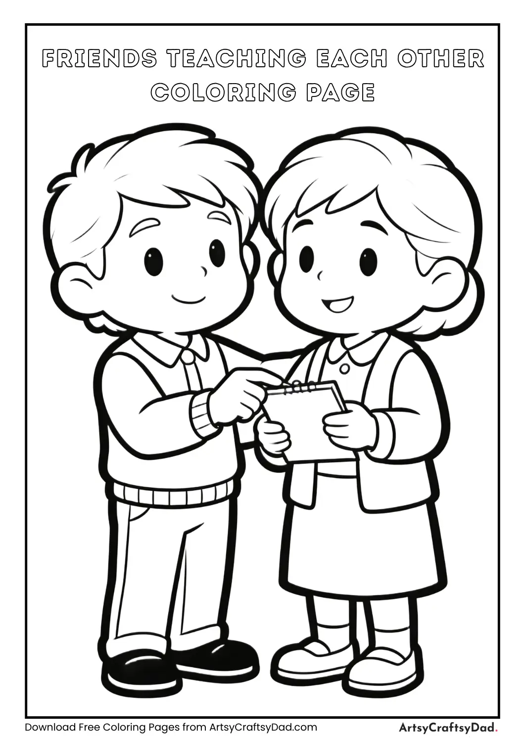 Black and white coloring page of one friend teaching another