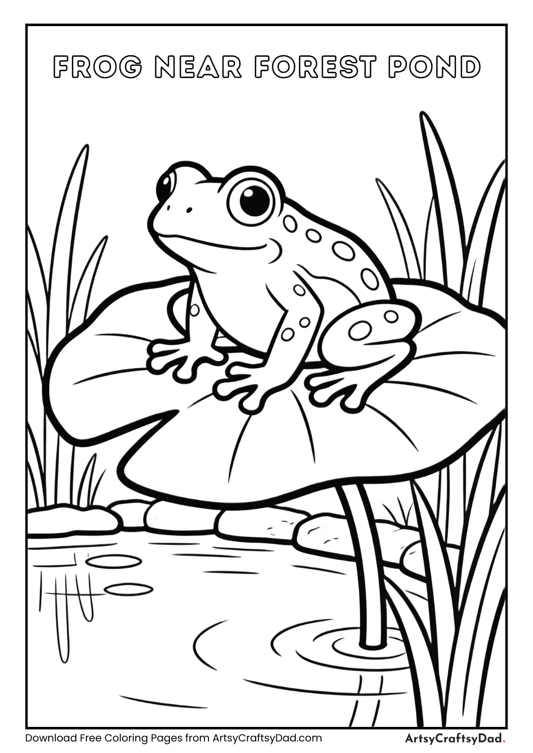 Black and white coloring page of a frog sitting on a leaf
