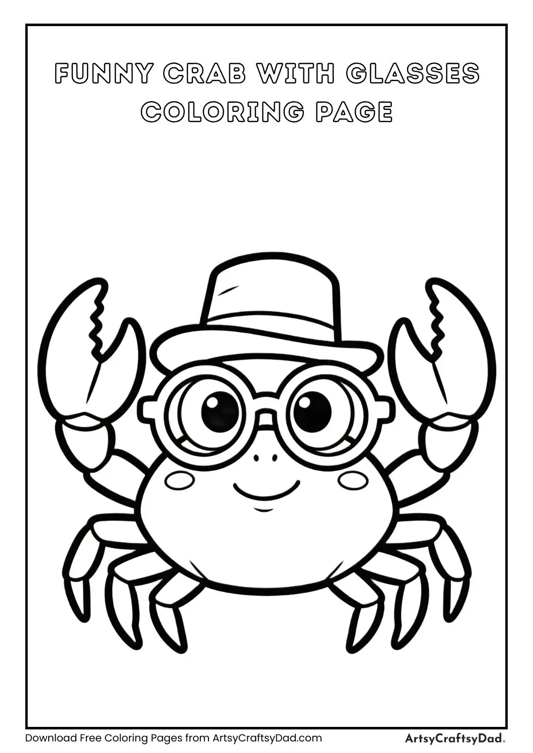 Crab with funny glasses and hat cartoon coloring page for kids