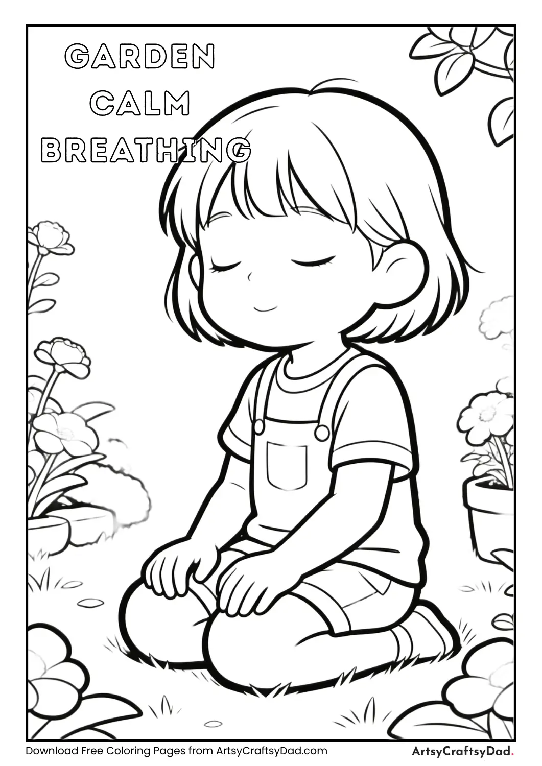 Child sitting in garden calm breathing coloring page