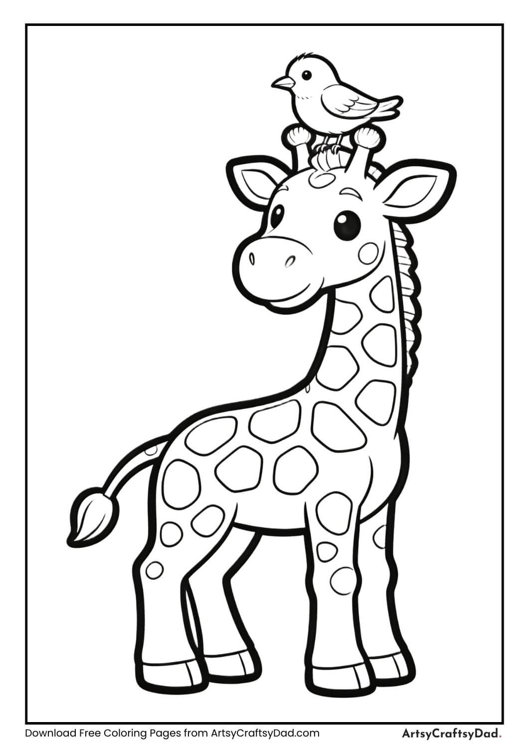 Giraffe with bird on head coloring page