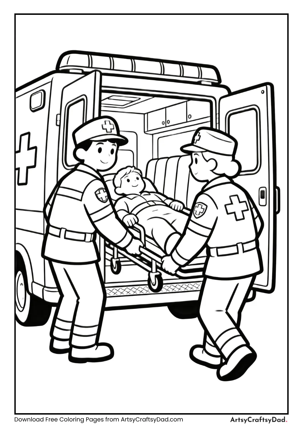 Paramedics lifting patient into ambulance coloring page
