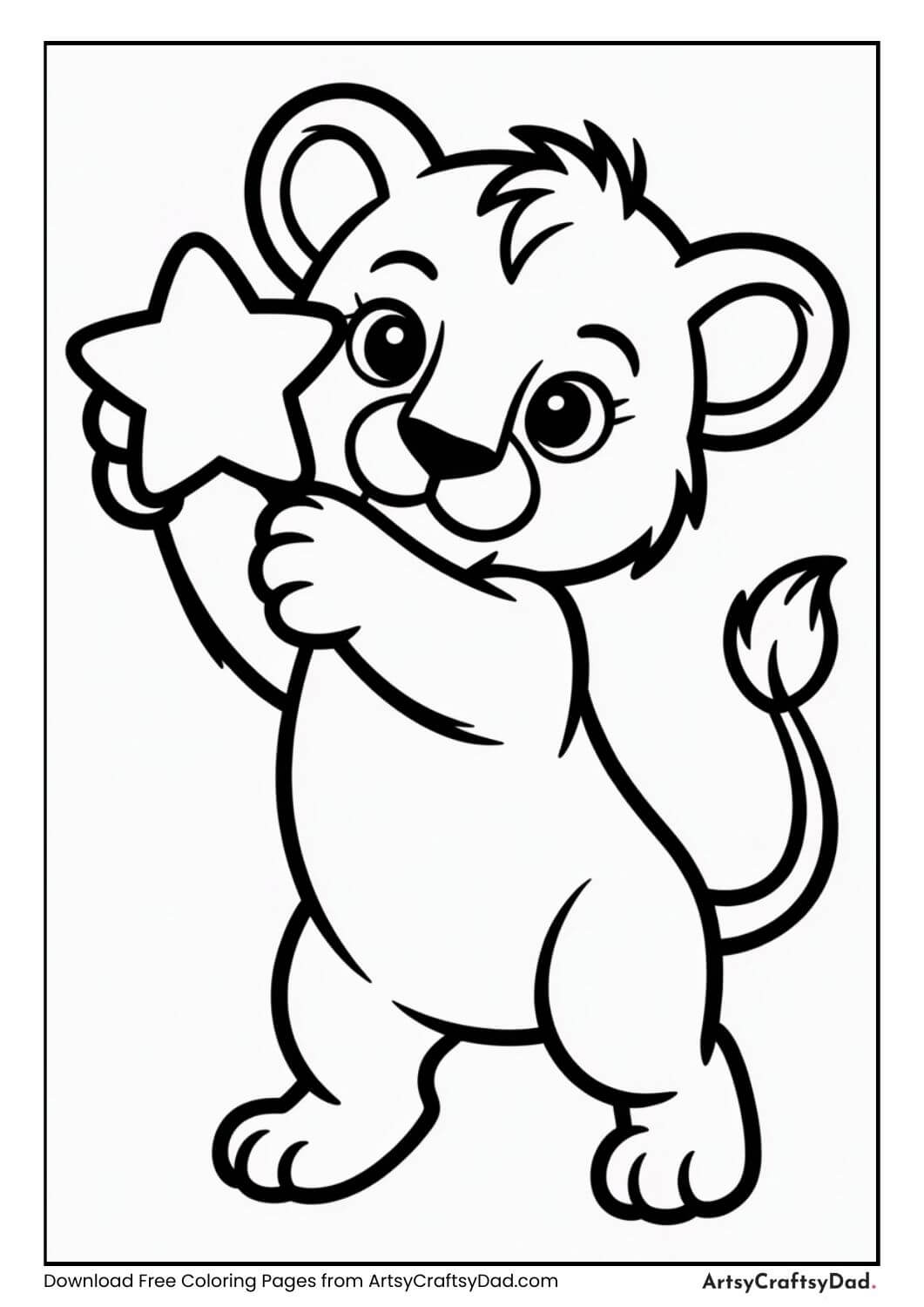 Lion cub holding star coloring page