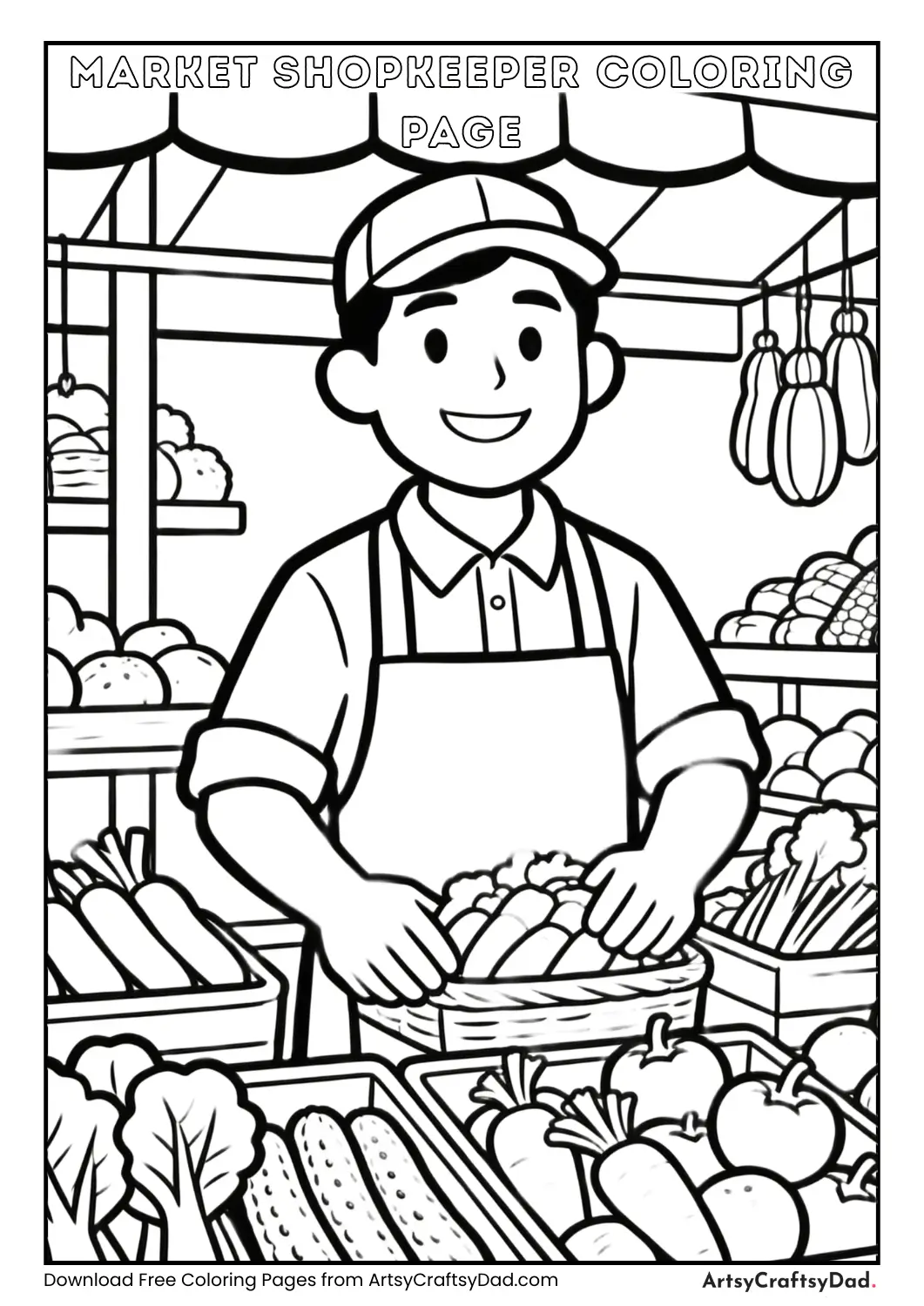 Market shopkeeper black and white coloring sheet