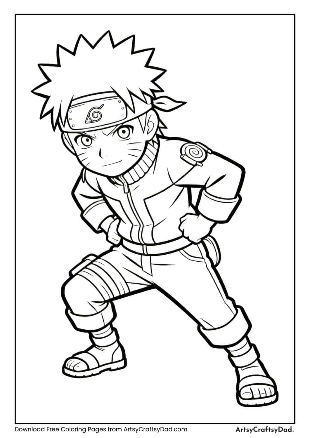 Naruto in a playful superhero-style pose, black and white coloring page