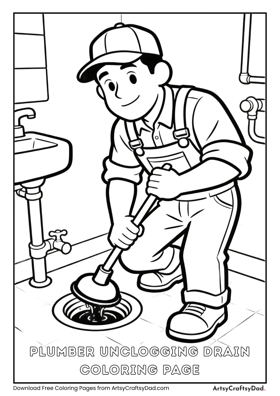 Plumber unclogging drain with plunger coloring page