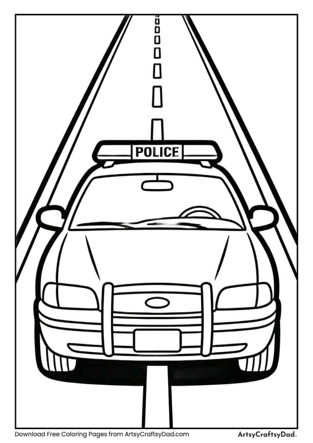 Police car on highway coloring page
