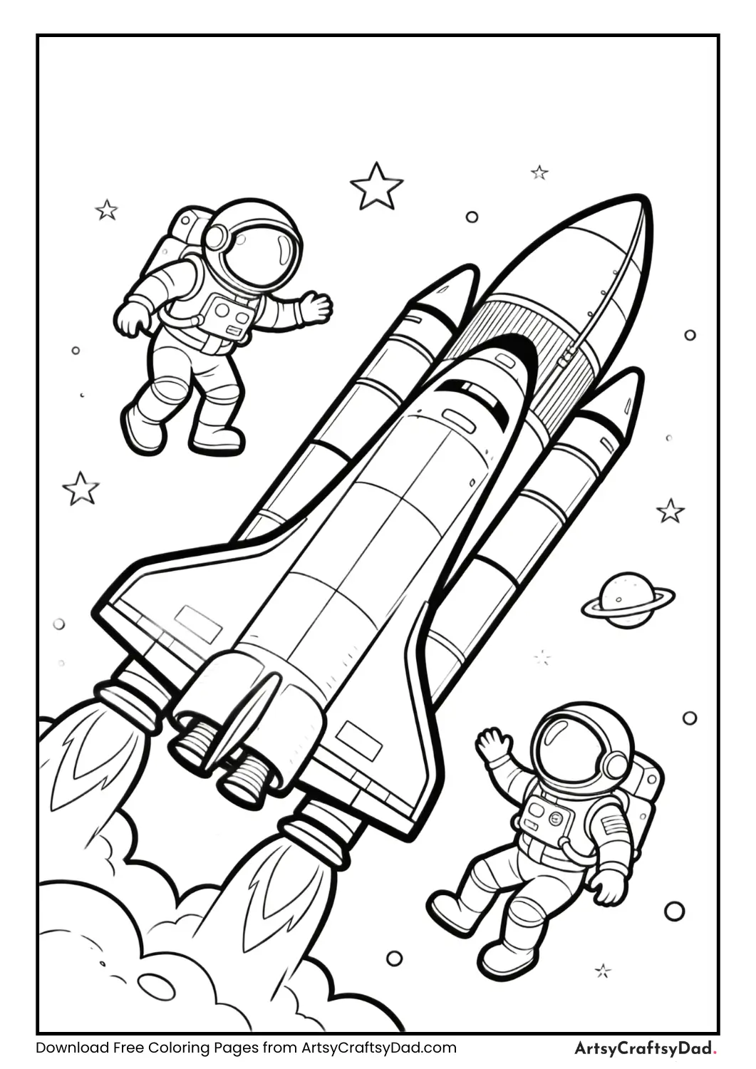 Rocket with astronauts floating in space coloring page