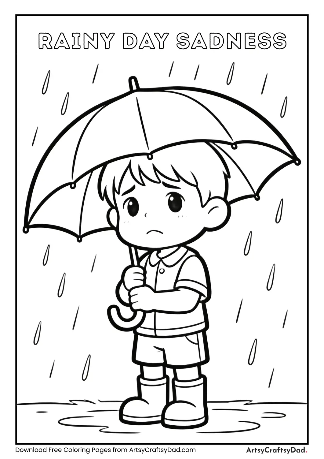 Sad child holding umbrella in rain coloring page