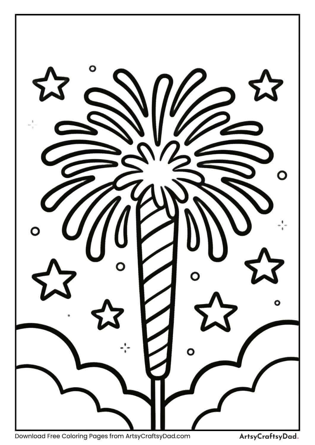Single fireworks in sky black and white coloring page