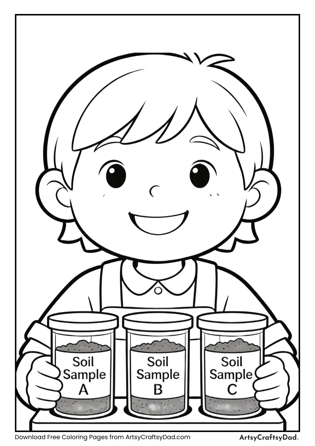 Child testing soil types experiment coloring page
