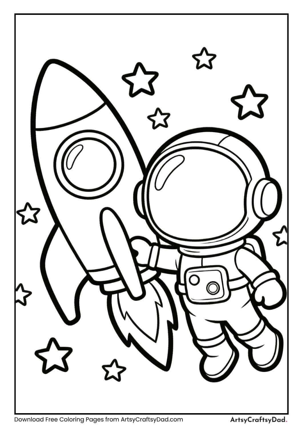 Space adventure with rocket and astronaut coloring page