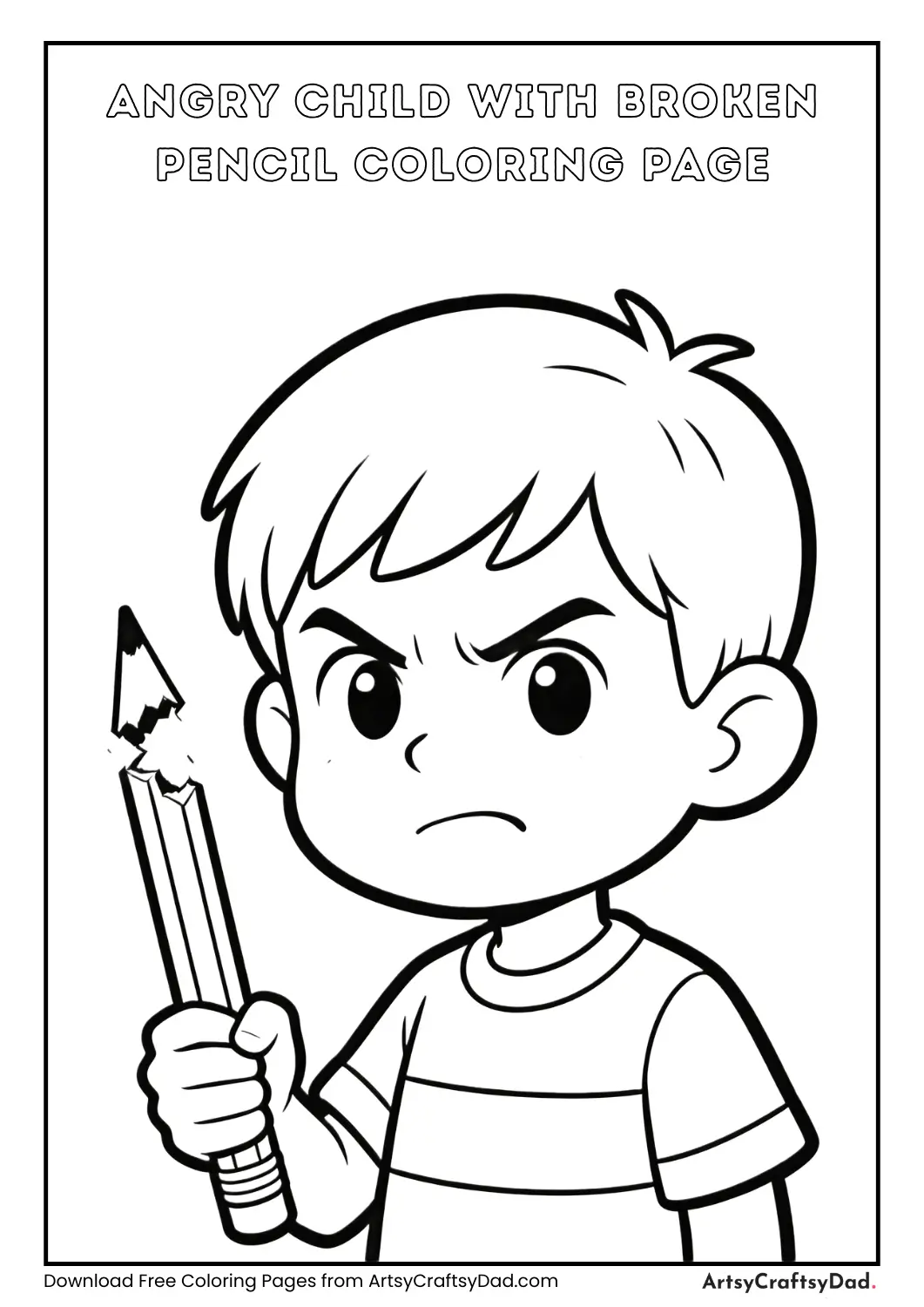 Black and white coloring page of a child angry about a broken pencil